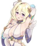  1girl :d arm_up armpits bare_shoulders blonde_hair blush braid breasts clothing_cutout commentary_request covered_nipples detached_sleeves feathered_wings flower hair_flower hair_ornament hand_on_own_chest haruka1638 highres large_breasts long_hair looking_at_viewer lyrael_(princess_connect!) navel navel_cutout presenting_armpit princess_connect! purple_eyes smile solo sweat white_background wings wrist_cuffs 