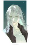  1boy alternate_costume bare_pectorals black_shirt collarbone collared_shirt cuntouxiaoyeju evil_smile final_fantasy final_fantasy_vii green_eyes grey_hair highres long_hair looking_at_viewer male_focus night night_sky open_clothes open_shirt parted_bangs pectorals sephiroth shirt sky slit_pupils smile solo star_(sky) starry_sky upper_body 