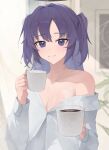  1girl absurdres blue_archive blurry blurry_background blush coffee_mug cup highres holding holding_cup indoors looking_at_viewer mug purple_eyes purple_hair randouworks shirt single_bare_shoulder smile solo steam two_side_up upper_body white_shirt yuuka_(blue_archive) 