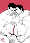  2boys abs arm_around_shoulder banjyaku bar_censor bara beard buzz_cut censored completely_nude cowboy_shot dated erection eye_contact facial_hair greyscale_with_colored_background head_on_another&#039;s_shoulder highres large_pectorals long_sideburns looking_at_another male_focus male_pubic_hair mature_male multiple_boys multiple_penises muscular muscular_male mustache navel navel_hair nipples nude original pectorals penis penis_grab penises_touching pink_background pubic_hair short_hair sideburns stomach thick_eyebrows thighs torogao veins veiny_penis very_short_hair yaoi 