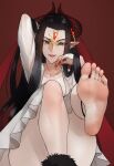  absurd_res black_hair black_horn clothing colored_nails dress eyelashes feet female foot_focus forehead_gem hair hi_res horn horned_humanoid humanoid humanoid_pointy_ears long_hair looking_at_viewer nails red_background red_nails scas simple_background smile solo tan_body tan_skin thick_thighs thunderbolt_fantasy white_clothing white_dress wide_hips xing_hai 