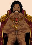  1boy abs alternate_body_hair arm_hair bara beard beard_stubble black_hair bracelet chest_hair coat coat_on_shoulders cowboy_shot crossed_arms dark-skinned_male dark_skin facial_hair gol_d._roger gold grin hairy highres jewelry kiito_(kiitoillust) large_pectorals long_mustache looking_at_viewer male_focus male_pubic_hair mature_male muscular muscular_male mustache naked_coat navel navel_hair nipples one_piece out-of-frame_censoring pectorals pirate pubic_hair short_hair smile solo stomach straight-on thick_eyebrows 