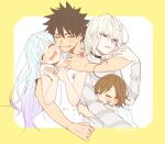  2boys 2girls accelerator_(toaru_majutsu_no_index) ahoge albino annoyed black_choker black_hair blush border brown_hair choker closed_eyes diagonal-striped_shirt dress female_child flat_chest gradient_hair grey_shirt half-closed_eyes hatching_(texture) hug hug_from_behind index_(toaru_majutsu_no_index) kamijou_touma last_order_(toaru_majutsu_no_index) long_hair multicolored_hair multiple_boys multiple_girls open_mouth orange_shirt oyaumi_zzz pale_skin red_eyes shirt short_hair short_sleeves sketch smile spiked_hair toaru_majutsu_no_index upper_body wavy_mouth white_background white_dress white_hair yellow_border 