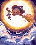  blush_stickers broom broom_riding cloud cloudy_sky flying full_body full_moon harukui hat highres huge_moon kirby kirby_(series) lantern looking_to_the_side moon night night_sky no_humans sky solo witch_hat 