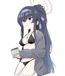  1girl absurdres bikini black_bikini black_hair blue_archive blue_eyes blue_hair blue_hairband breasts cleavage closed_mouth commentary_request cropped_legs cup gradient_hair grey_jacket hairband halo highres holding holding_cup jacket long_hair long_sleeves medium_breasts mug multicolored_hair ooyama_imo open_clothes open_jacket ponytail simple_background sleeves_past_wrists solo sweat swimsuit ui_(blue_archive) ui_(swimsuit)_(blue_archive) very_long_hair white_background 