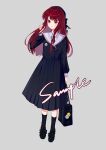  1girl absurdres arima_kana bag black_dress black_footwear black_ribbon black_socks closed_mouth dress full_body grey_background highres long_hair oshi_no_ko red_eyes red_hair ribbon sailor_collar school_bag school_uniform simple_background smile socks xiang_yu_pai 