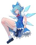  1girl abi_(user_nzav7333) absurdres ascot bare_legs black_footwear blue_dress blue_eyes blue_hair blush bow cirno dress full_body hair_between_eyes hair_bow highres ice ice_wings legs_folded light_smile looking_at_viewer puffy_short_sleeves puffy_sleeves red_ascot shirt short_sleeves simple_background socks solo touhou white_background white_shirt white_socks wings wristband 
