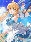  1boy 1girl ahoge animal_ears apron artoria_caster_(fate) artoria_caster_(swimsuit)_(fate) artoria_caster_(swimsuit)_(second_acension)_(fate) artoria_pendragon_(fate) bare_shoulders blonde_hair blue_dress blue_sky blush buttons chibi commentary_request day dress fake_animal_ears fate/grand_order fate_(series) green_eyes highres innertube long_hair mini_person miniboy oberon_(fate) ocean outdoors poppoman rabbit_ears sky smile sweat twintails very_long_hair waist_apron white_apron 