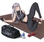  absurdres adidas ak-12_(girls&#039;_frontline) bag bottle breasts closed_eyes digital_media_player duffel_bag dumbbell english_commentary full_body girls&#039;_frontline grey_hair highres large_breasts leg_lift long_hair navel pants sidelocks smile sports_bra sportswear stirrup_legwear toeless_legwear toes water_bottle white_background yoga_mat yoga_pants zhentian_liukuai_qian 