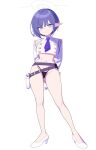  1girl aoi_(blue_archive) arms_behind_back belt black_panties blue_archive blue_eyes buttons double-breasted earrings full_body gloves halo highres holstered_weapon jewelry looking_at_viewer mabera mole mole_under_eye navel panties pointy_ears purple_hair short_hair simple_background solo underwear white_background white_gloves 
