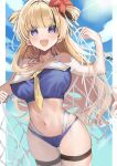  1girl absurdres bikini blonde_hair blue_bikini blue_sky breasts cleavage cloud cloudy_sky commentary_request covered_navel cowboy_shot dated day double_bun fletcher_(kancolle) fletcher_mk_ii_(kancolle) hair_bun hair_ornament highres kantai_collection large_breasts long_hair looking_at_viewer official_alternate_costume outdoors picoli1313 purple_eyes revision sky smile solo swimsuit 