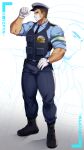  1boy absurdres armband artist_name bara biceps brown_hair bulge bulletproof_vest gloves hand_on_hip highres looking_at_viewer male_focus manly mask mature_male mouth_mask muscular muscular_male original pants police police_uniform shoes short_hair signature simple_background solo thick_thighs thighs uniform watch white_background yzpyn 
