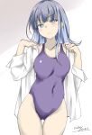  1girl ass_visible_through_thighs blue_eyes blue_hair blunt_bangs blush breasts competition_school_swimsuit cowboy_shot dated gakky hatsukaze_(kancolle) highres hime_cut kantai_collection long_hair looking_at_viewer medium_breasts one-piece_swimsuit open_clothes open_shirt purple_one-piece_swimsuit school_swimsuit shirt simple_background solo swimsuit twitter_username white_background white_shirt 