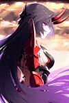  1girl ahoge armband armor black_headwear breasts highres honkai_(series) honkai_impact_3rd horns japanese_clothes long_hair medium_breasts oni_horns parted_lips purple_eyes purple_hair raiden_mei raiden_mei_(herrscher_of_thunder) red_armband red_horns shoulder_armor sideboob solo upper_body yunomi_(yunomi_hs) 