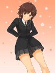  1girl ahoge amagami arms_behind_back black_jacket blazer blush brown_eyes brown_hair closed_mouth collared_shirt from_below grey_necktie grey_skirt hair_ornament hairpin highres itou_kanae_(amagami) jacket kibito_high_school_uniform leaning_forward looking_at_viewer looking_down miniskirt necktie pleated_skirt school_uniform shirt short_hair skirt solo standing takenoko_saba_otto thighs v-shaped_eyebrows white_shirt 