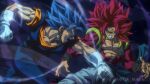  2boys attack aura black_sash black_wristband blue_eyes blue_hair blue_pants blue_sash blue_shirt clenched_teeth collaboration commentary_request dodging dragon_ball dragon_ball_gt dragon_ball_super earrings english_commentary fighting gloves gogeta highres jewelry male_focus mattia_marin metamoran_vest motion_lines multiple_boys muscular muscular_male open_mouth orange_shirt pants potara_earrings red_fur sash scuffed serious shawndrawings shirt spiked_hair super_saiyan super_saiyan_4 super_saiyan_blue teeth twitter_username v-shaped_eyebrows vegetto white_gloves white_pants 
