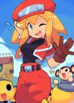  1girl absurdres arm_behind_head bacun belt black_shirt blonde_hair blue_sky breasts brown_gloves cabbie_hat cropped_jacket data_(mega_man) embarrassed english_commentary flying_sweatdrops gloves green_eyes hat highres jacket long_hair mega_man_(series) mega_man_legends monkey one_eye_closed outdoors pants red_jacket red_pants robot roll_caskett_(mega_man) servbot_(mega_man) shirt short_sleeves sky smile spiked_hair sweatdrop 