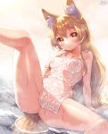  1girl absurdres animal_ear_fluff animal_ears arm_support blush breasts closed_mouth collarbone commentary_request covered_nipples covering fox_ears fox_girl fox_tail highres korin_(shironeko_project) leaning_back long_hair medium_breasts nude_cover onsen paid_reward_available shironeko_project smile solo spread_legs steam tail variant_set wet white_towel yellow_eyes yufukiri 