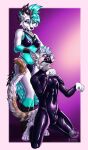  absurd_res anthro bikini blue_body blue_eyes blue_fur blue_hair bodysuit brown_body brown_fur bulge canid canine canis clothing collar dark_body dark_fur detailed detailed_fur digitigrade domestic_cat dominant dominant_female duo felid feline felis female fur hair hi_res kaala_(waifukaala) kaalathewolf kneeling latex leonardo_(leo_the_cat) looking_at_another male male/female mammal muzzle_(object) muzzled petplay roleplay rubber_clothing rubber_suit simple_background skinsuit swimwear tight_clothing white_body white_fur wolf 