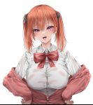  1girl blush bow bowtie breasts large_breasts long_sleeves looking_at_viewer open_mouth orange_hair original purple_eyes red_bow red_bowtie simple_background solo tibi-gon twintails upper_body white_background 
