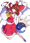  1girl ascot bow breasts brown_eyes brown_hair detached_sleeves foreshortening frilled_bow frilled_hair_tubes frills gohei hair_between_eyes hair_bow hair_tubes hakurei_reimu highres ishimu long_hair looking_at_viewer medium_breasts orb parted_lips red_bow red_skirt ribbon-trimmed_sleeves ribbon_trim simple_background skirt skirt_set solo touhou wide_sleeves yellow_ascot yin_yang yin_yang_orb 