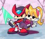  1boy 1girl ass black_eyes blonde_hair carrying ciel_(mega_man) clenched_hand english_commentary friday_night_funkin&#039; helmet highres holding holding_sword holding_weapon inchduhernz long_hair mega_man_(series) mega_man_zero_(series) parody smile style_parody sword weapon z_saber zero_(mega_man) 