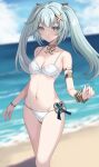  1girl :o aqua_hair beach bikini blue_sky blurry blurry_background bracelet breasts cloud commentary_request cowlick day faruzan_(genshin_impact) genshin_impact green_eyes hair_ornament harimoji highres horizon jewelry looking_at_viewer navel neck_ring ocean open_mouth outdoors sand shore sky small_breasts solo standing swimsuit symbol-shaped_pupils triangle-shaped_pupils twintails upper_body water white_bikini wristlet x_hair_ornament 