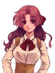  1girl brown_eyes brown_hair collared_shirt commentary_request hair_ribbon long_hair looking_at_viewer neck_ribbon red_ribbon ribbon saitou_nekoichi sayonara_wo_oshiete shirt simple_background smile solo straight-on ueno_koyori underbust upper_body vest wavy_hair white_background white_shirt 