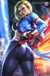  1girl absurdres ahoge ass black_gloves black_pants black_sports_bra blonde_hair blue_eyes blue_jacket breasts cammy_white clenched_hand cropped_jacket deviantart_username fingerless_gloves gloves highres huge_ahoge jacket logan_cure open_clothes open_jacket pants patreon_username scar scar_on_cheek scar_on_face sideboob solo sports_bra street_fighter street_fighter_6 studded_jacket twitter_username yoga_pants zipper zipper_pull_tab 