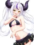  1girl @_@ absurdres ahoge bikini black_bikini black_horns black_nails braid braided_bangs breasts cosplay frilled_bikini frills grey_hair highres hololive horns la+_darknesss looking_at_viewer multicolored_hair murasaki_shion murasaki_shion_(cosplay) murasaki_shion_(hololive_summer_2019) nail_polish navel pointy_ears purple_hair rinkaa_(lovelive765pro2) sidelocks small_breasts streaked_hair striped_horns swimsuit teeth twintails upper_teeth_only virtual_youtuber yellow_eyes 