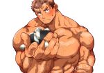  1boy abs anger_vein arm_hair bara blush brown_hair chest_hair dark-skinned_male dark_skin facial_hair forked_eyebrows gift goatee goatee_stubble hairy head_tilt highres holding holding_gift incoming_gift kizami_nori_to_yamaimo large_hands large_pectorals looking_at_viewer male_focus mature_male muscular muscular_male nervous nervous_sweating nipples nude pectorals scar_on_shoulder short_hair sideburns solo stomach sweat takabushi_kengo thick_eyebrows tokyo_afterschool_summoners upper_body v-shaped_eyebrows veins veiny_arms 
