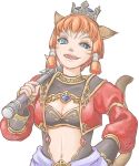  1girl :d animal_ears bandeau black_bandeau black_gloves blue_eyes breasts cat_ears cat_girl cat_tail cleavage cropped_jacket crown facial_mark fangs final_fantasy final_fantasy_xi fingerless_gloves gloves gold_trim hair_tubes holding holding_weapon jacket juliet_sleeves long_sleeves mace medium_breasts mini_crown mithra_(ff11) naja_salaheem navel open_clothes open_jacket open_mouth orange_hair over_shoulder puffy_sleeves red_jacket sakutsuki short_hair simple_background smile solo spiked_mace spikes tail teeth uneven_eyes upper_teeth_only weapon weapon_over_shoulder whisker_markings white_background 