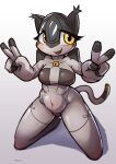  &lt;3 &lt;3_eyes 2023 4_fingers aircraft anthro blush breasts cute_fangs f-14 felid female fingers gesture hi_res kneeling living_aircraft living_machine living_vehicle looking_at_viewer machine mammal metallic_body open_mouth sat_v12 simple_background smile solo tail v_sign vehicle white_background yellow_eyes 