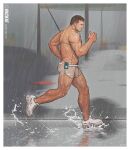  1boy artist_name bara black_hair digital_media_player earphones exercise facial_hair highres ipod large_pectorals male_focus muscular muscular_male nickiecharles original outdoors pectorals penis rain running see-through short_hair short_shorts shorts solo thighs topless_male water_drop wet wet_clothes wet_hair wet_shorts white_shorts 