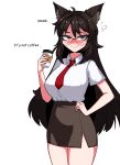  1girl alternate_costume animal_ear_fluff animal_ears bespectacled black-framed_eyewear blush breasts brown_hair brown_skirt closed_mouth coffee_cup commentary cowboy_shot cup disposable_cup drunk english_commentary english_text fingernails glasses hand_on_own_hip highres imaizumi_kagerou large_breasts long_hair looking_at_viewer medium_bangs necktie nose_blush office_lady pencil_skirt red_eyes red_nails red_necktie round_eyewear sakamuotoo shirt_tucked_in simple_background skirt smile solo tented_shirt touhou very_long_hair white_background wolf_ears wolf_girl 