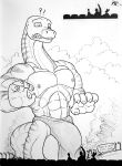  2014 5_fingers ambiguous_gender anthro apatosaurus astor balls big_abs big_balls big_biceps big_muscles big_pecs big_quads bottomwear claws clothing cloud crow_t._robot dialogue dinosaur diplodocid finger_claws fingers genitals graphite_(artwork) greyscale group hi_res huge_balls human joel_robinson loincloth long_neck long_tail machine male mammal markings monochrome mr_person muscular muscular_anthro muscular_male mystery_science_theater_3000 pecs pen_(artwork) pencil_(artwork) reptile robot sauropod scalie silhouetted_body sky solo_focus speech_bubble striped_back striped_legs striped_markings striped_neck striped_tail stripes surprise tail tail_markings teeth tom_servo traditional_media_(artwork) 