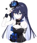  1girl bare_shoulders black_bow black_dress black_footwear blue_eyes blue_hair bow breasts cleavage closed_mouth colored_inner_hair dress flower hair_between_eyes hair_flower hair_ornament highres honkai_(series) honkai_impact_3rd light_blush lix_(iroiro3843) long_hair medium_breasts multicolored_hair official_alternate_costume red_eyeliner seele_vollerei seele_vollerei_(herrscher_of_rebirth) simple_background solo sweatdrop upper_body white_background 