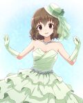  1girl bare_shoulders blue_background blush bow breasts brown_eyes brown_hair cleavage collarbone dress dress_bow earrings elbow_gloves gloves green_dress green_gloves hands_up hat highres idolmaster idolmaster_cinderella_girls idolmaster_cinderella_girls_starlight_stage jewelry layered_dress looking_at_viewer medium_breasts mini_hat namiki_meiko necklace open_mouth pochita_(pochitaiko) short_hair simple_background smile solo surplice wavy_hair 