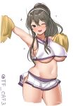  1girl alternate_costume armpits arms_up ashigara_(kancolle) blush breasts brown_eyes brown_hair cheerleader commentary_request cowboy_shot cropped_legs hairband kantai_collection long_hair looking_at_viewer midriff navel one-hour_drawing_challenge one_eye_closed open_mouth pleated_skirt pom_pom_(cheerleading) ponytail simple_background skirt smile solo tf_cafe twitter_username underboob white_background white_hairband 