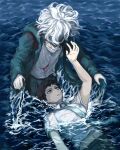  2boys alternate_color arm_up black_pants collarbone danganronpa_(series) danganronpa_2:_goodbye_despair green_jacket grey_hair grey_necktie hinata_hajime hood hood_down hooded_jacket in_water jacket komaeda_nagito long_sleeves looking_up male_focus messy_hair multiple_boys necktie open_clothes open_jacket pants print_shirt shirt tetose wading water white_shirt 