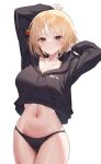  1girl absurdres arm_up blonde_hair blush breasts brown_eyes cameltoe cleavage collarbone commission english_text eyes_visible_through_hair german_flag girls&#039;_frontline grey_hoodie hand_up highres hood hood_down hoodie large_breasts medium_hair midriff mp40_(girls&#039;_frontline) navel non-web_source parted_lips revision rynzfrancis simple_background skindentation solo upper_body white_background 