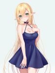  1girl blonde_hair blue_dress breasts choker cleavage dress elf green_eyes grey_background hand_on_own_chest highres long_hair looking_at_viewer original pointy_ears rimo simple_background sleeveless sleeveless_dress solo very_long_hair 