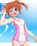  1girl bare_shoulders blue_eyes breasts brown_hair covered_navel highres lyrical_nanoha one-piece_swimsuit one_eye_closed open_mouth school_swimsuit small_breasts swimsuit takamachi_nanoha twintails yosuzu 