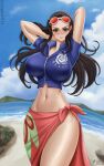  1girl arms_behind_head arms_up beach black_hair blue_eyes blue_sky blush breasts contrapposto eyewear_on_head floral_print highres kyopink large_breasts legs_together lips long_hair looking_at_viewer midriff navel nico_robin ocean one_piece parted_lips print_sarong sarong sky solo standing sunglasses thighs 