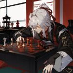  1boy ahoge black_gloves black_jacket board_game chess chess_piece chessboard closed_mouth fingerless_gloves fingernails gloves grey_hair hair_between_eyes hair_ribbon hand_up holding holding_chess_piece honkai:_star_rail honkai_(series) indoors jacket jar jing_yuan long_hair long_sleeves looking_to_the_side male_focus orange_eyes ponytail red_ribbon red_shirt reflection ribbon shirt sidelocks sitting smile solo wall wide_sleeves window 
