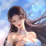  1girl bare_shoulders blue_dress blue_sky breasts brown_hair detached_sleeves dress earrings facial_mark falling_petals floating_hair forehead_mark from_side grey_eyes hair_ornament highres jewelry kong_zhezhezhezhe large_breasts long_hair looking_to_the_side petals realistic sky smile solo upper_body wanmei_shijie yue_chan_(wanmei_shijie) 