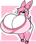  anthro big_breasts breast_expansion breasts cleavage clothed clothing dewy-eyedboy expansion female fur hair huge_breasts hyper hyper_breasts inflation lagomorph leporid mammal nipple_outline pink_body pink_fur pink_hair rabbit solo standing thick_thighs white_body white_fur 