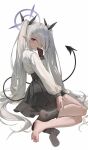  1girl absurdres barefoot black_skirt black_socks blue_archive full_body gloves grey_hair hair_ribbon halo highres iori_(blue_archive) long_hair long_sleeves ribbon shirt simple_background single_glove single_sock sitting skirt socks solo tail twintails very_long_hair white_shirt zhoi_star 