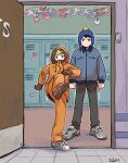  2boys angry animification black_hair blonde_hair blue_eyes brown_gloves chullo craig_tucker decorations eokiba-um full_body gloves hat hood hoodie kenny_mccormick locker male_child male_focus multiple_boys open_door orange_hoodie pants shoelaces shoes sneakers south_park 