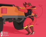  absurd_res alongmouf anthro bandanna boots butt car clothing cowboy_hat demon footwear fur gloves gremile_&#039;hotshot&#039; handwear hat headgear headwear hi_res horn imp kerchief kings_of_hell leotard looking_back male red_body red_eyes red_fur solo spade_tail tail vehicle yellow_sclera 